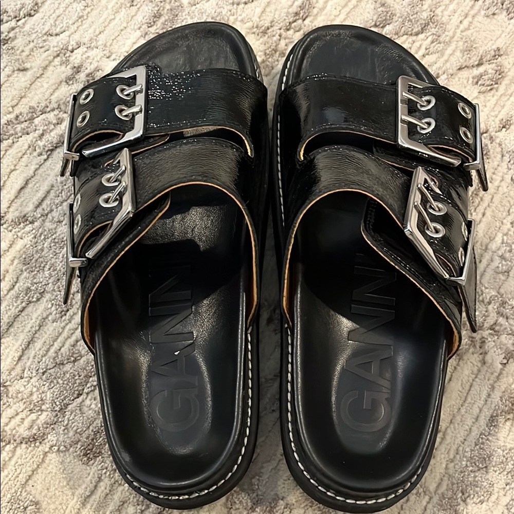 Ganni Black Two-Strap Sandals